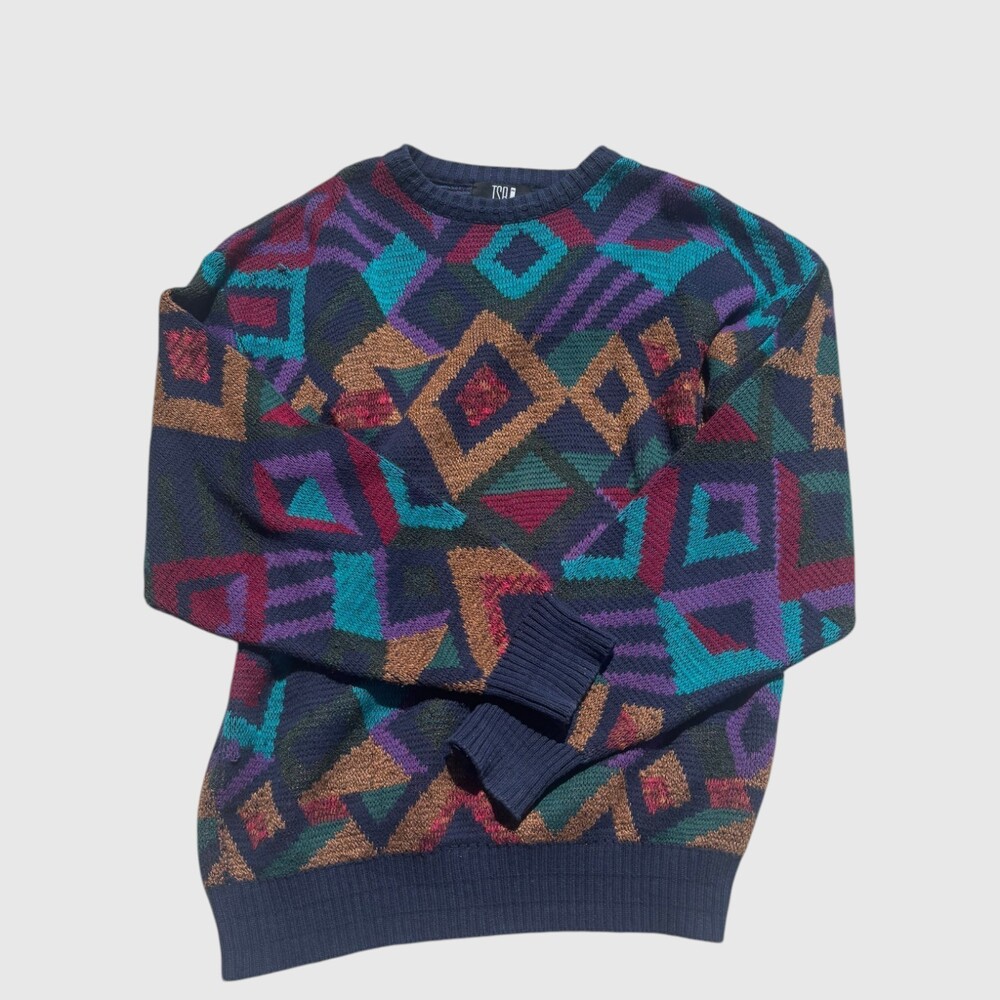 TSR Vintage 90s Abstract Geometric Crewneck Sweater Navy Multicolor USA Made M - Picture 2 of 10